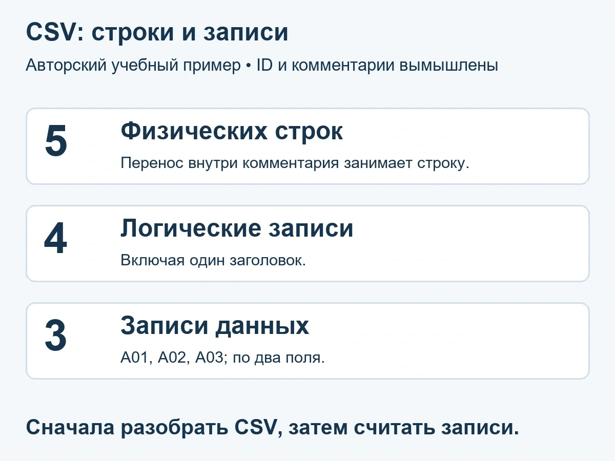 Почему пять строк CSV дают три записи: переносы внутри кавычек