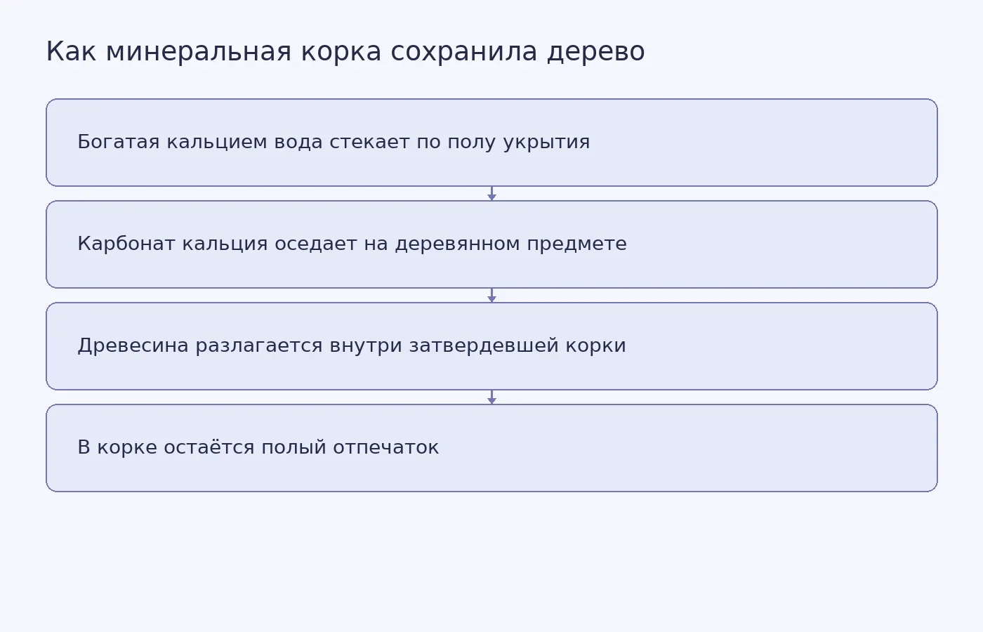 Схема показывает, как родниковая вода образовала минеральную корку вокруг деревянного предмета и сохранила его форму после разложения древесины.