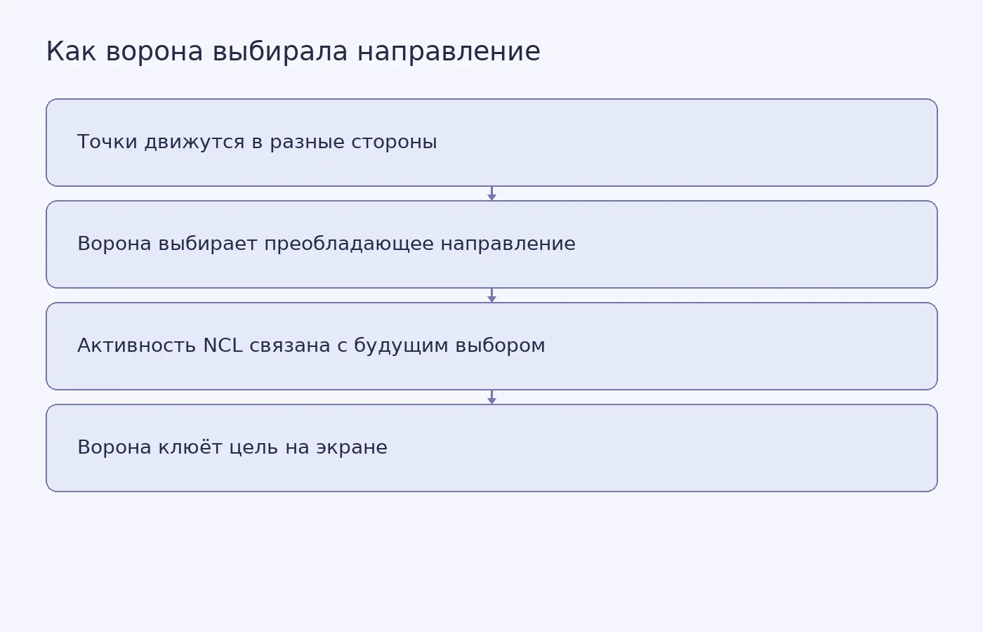 Схема задачи с движущимися точками и временной связи между активностью NCL и ответом вороны; она не устанавливает причинность