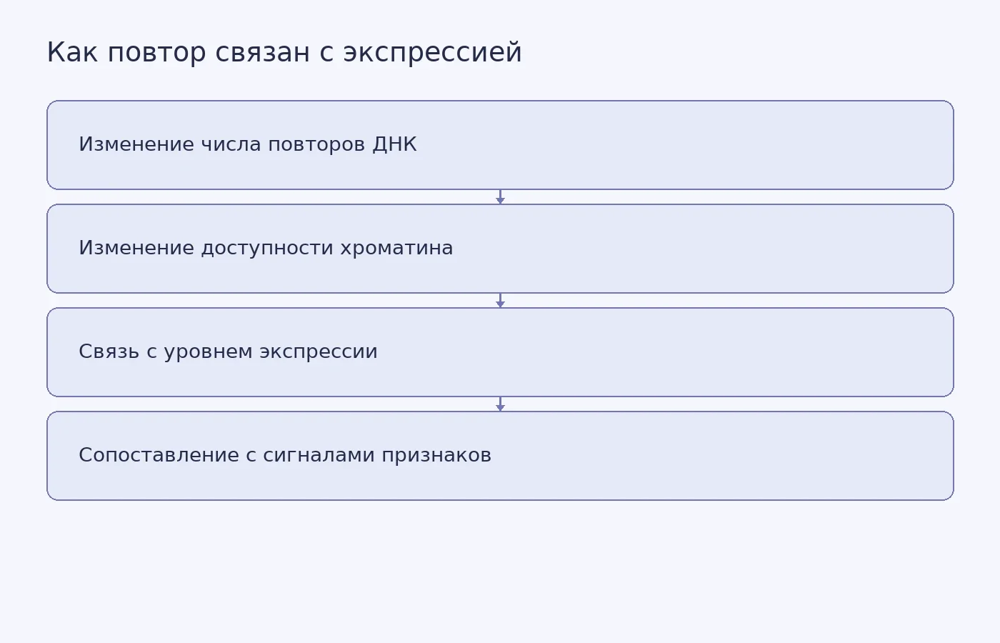 Схема возможной цепочки анализа: вариация длины тандемного повтора, доступность хроматина, экспрессия гена и статистическая связь с иммунными или гематологическими признаками. Последние звенья показывают ассоциации и не доказывают причинный механизм.
