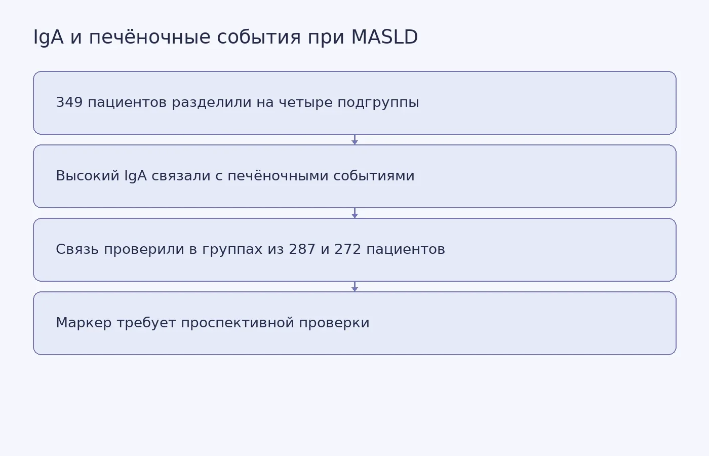 Схема показывает, как исследователи сопоставили подгруппы пациентов с MASLD, уровень IgA и печёночные события, а также почему IgA пока не заменяет оценку фиброза.