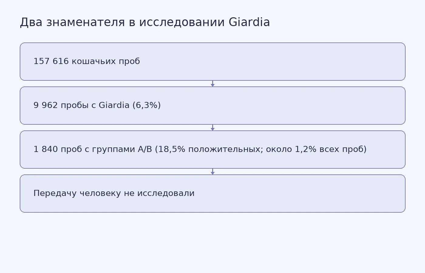 Схема показывает, что 18,5% групп A/B рассчитаны среди проб с обнаруженной Giardia, тогда как среди всех проб их около 1,2%; наличие зоонозного потенциала не доказывает передачу человеку.