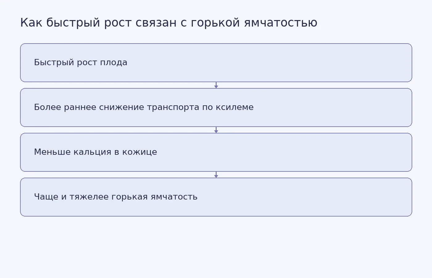 Схема связи между ускоренным ростом яблока, снижением транспорта кальция по ксилеме и появлением горькой ямчатости
