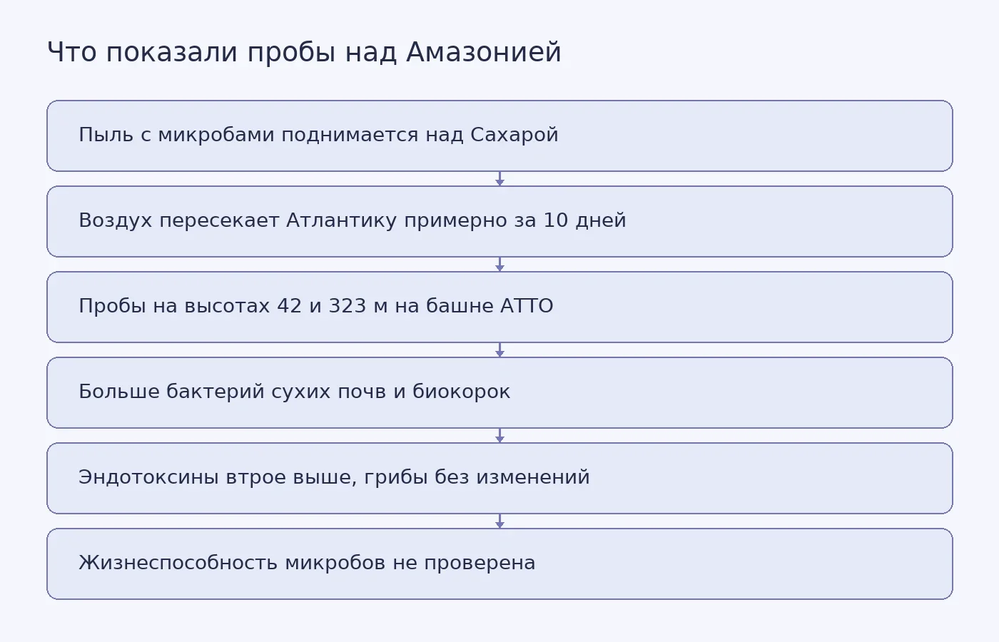 Схема показывает путь сахарской пыли через Атлантику и изменения состава аэрозолей, зафиксированные на башне ATTO, с оговоркой о непроверенной жизнеспособности микробов