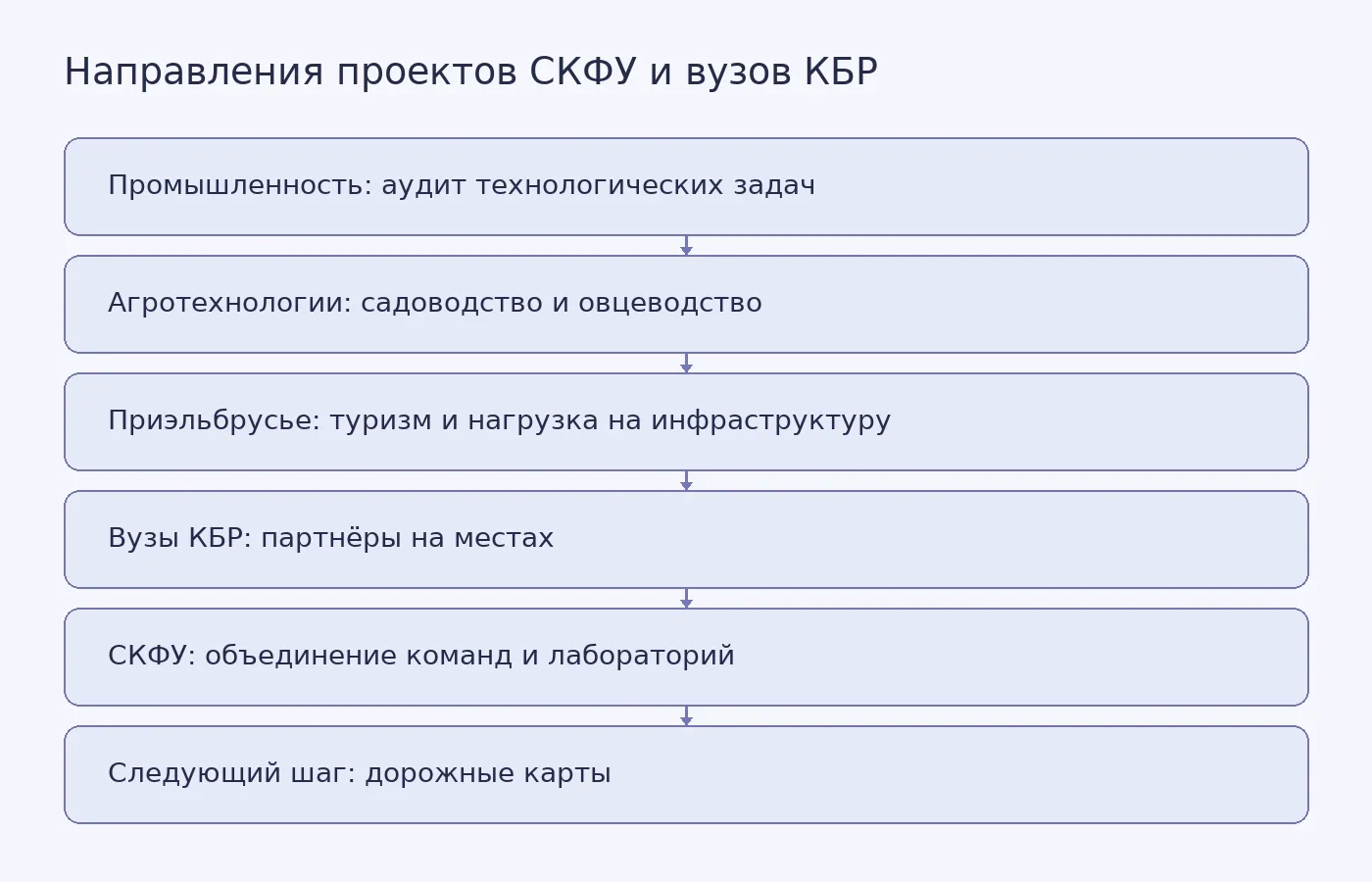 Схема показывает три направления обсуждаемых проектов, предполагаемые роли СКФУ и вузов Кабардино-Балкарии и подготовку дорожных карт.