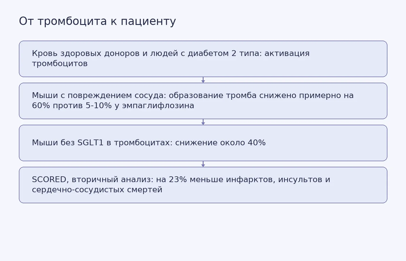 Схема уровней доказательств: опыты с кровью, опыты на мышах, генетическое удаление SGLT1 и вторичный анализ клинического исследования