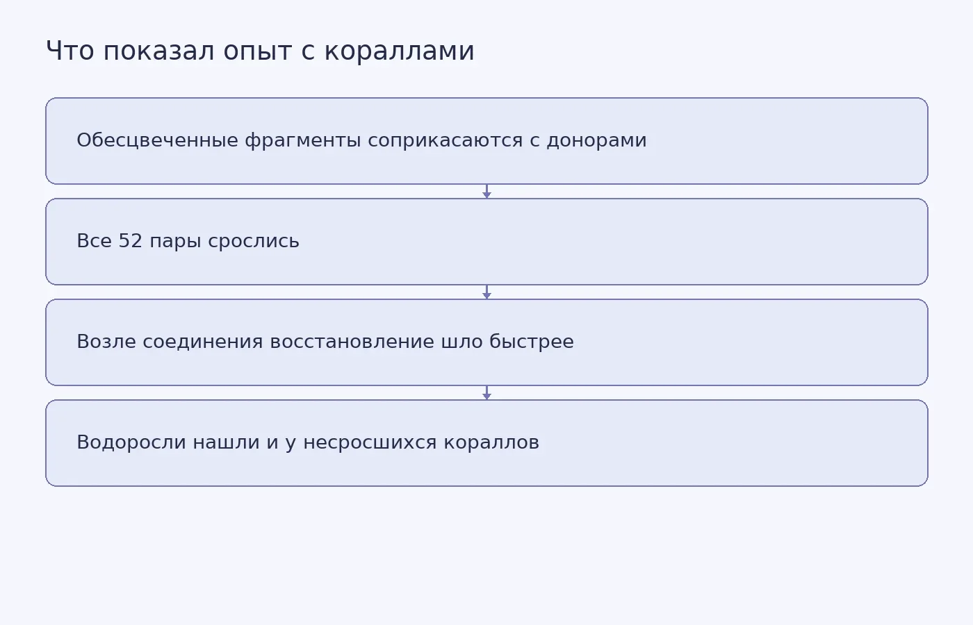Схема лабораторного опыта и его ограничения: локальное восстановление ускорилось после сращивания, но водоросли могли распространиться через воду