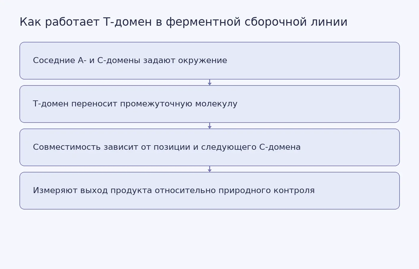 Схема показывает перенос промежуточной молекулы T-доменом и зависимость его работы от соседних доменов; это объяснение устройства системы, а не экспериментальные данные.
