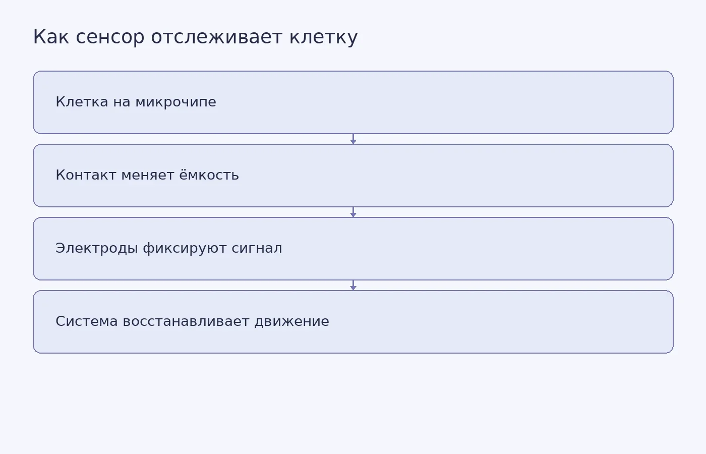 Схема показывает, как контакт клетки с массивом микроэлектродов меняет электрическую ёмкость и позволяет отслеживать её перемещение