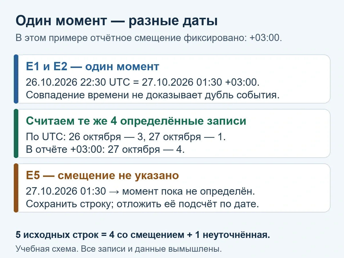 Как сверить временные метки с разными смещениями UTC перед подсчётом по дням