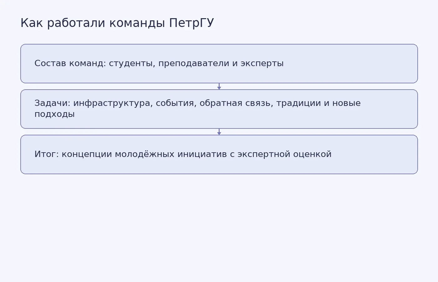 Схема показывает состав смешанных команд ПетрГУ, направления их работы и итог проектной сессии