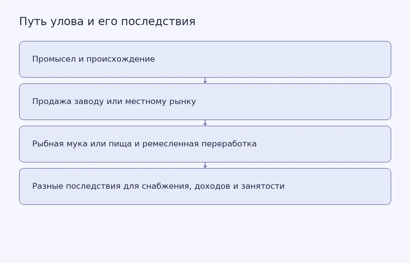 Концептуальная схема показывает, как происхождение улова и канал его сбыта связывают промысел с использованием рыбы и последствиями для местных рынков и занятости.
