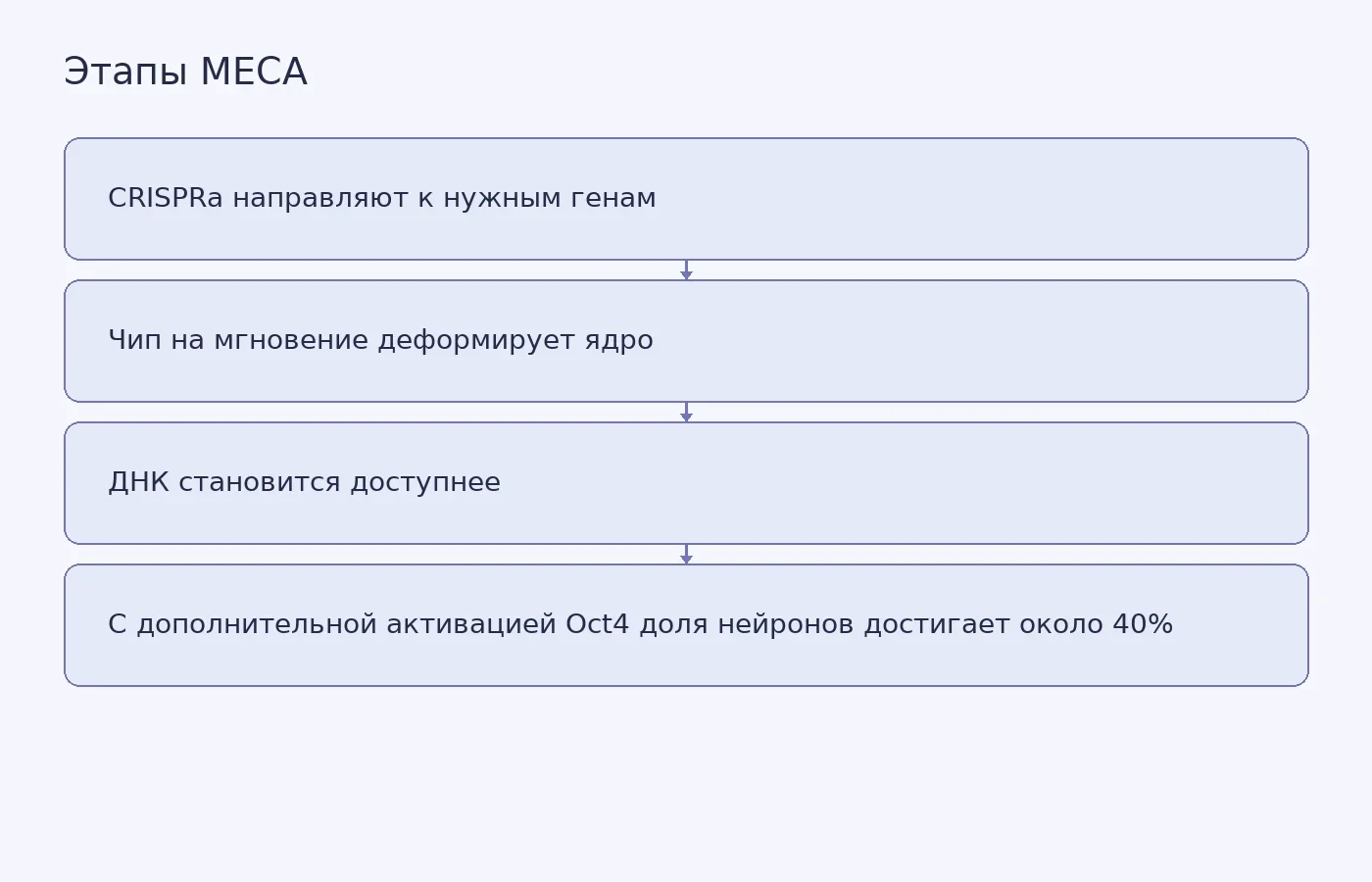Схема показывает последовательность метода MECA в эксперименте на клетках кожи мыши и результат с дополнительной активацией Oct4
