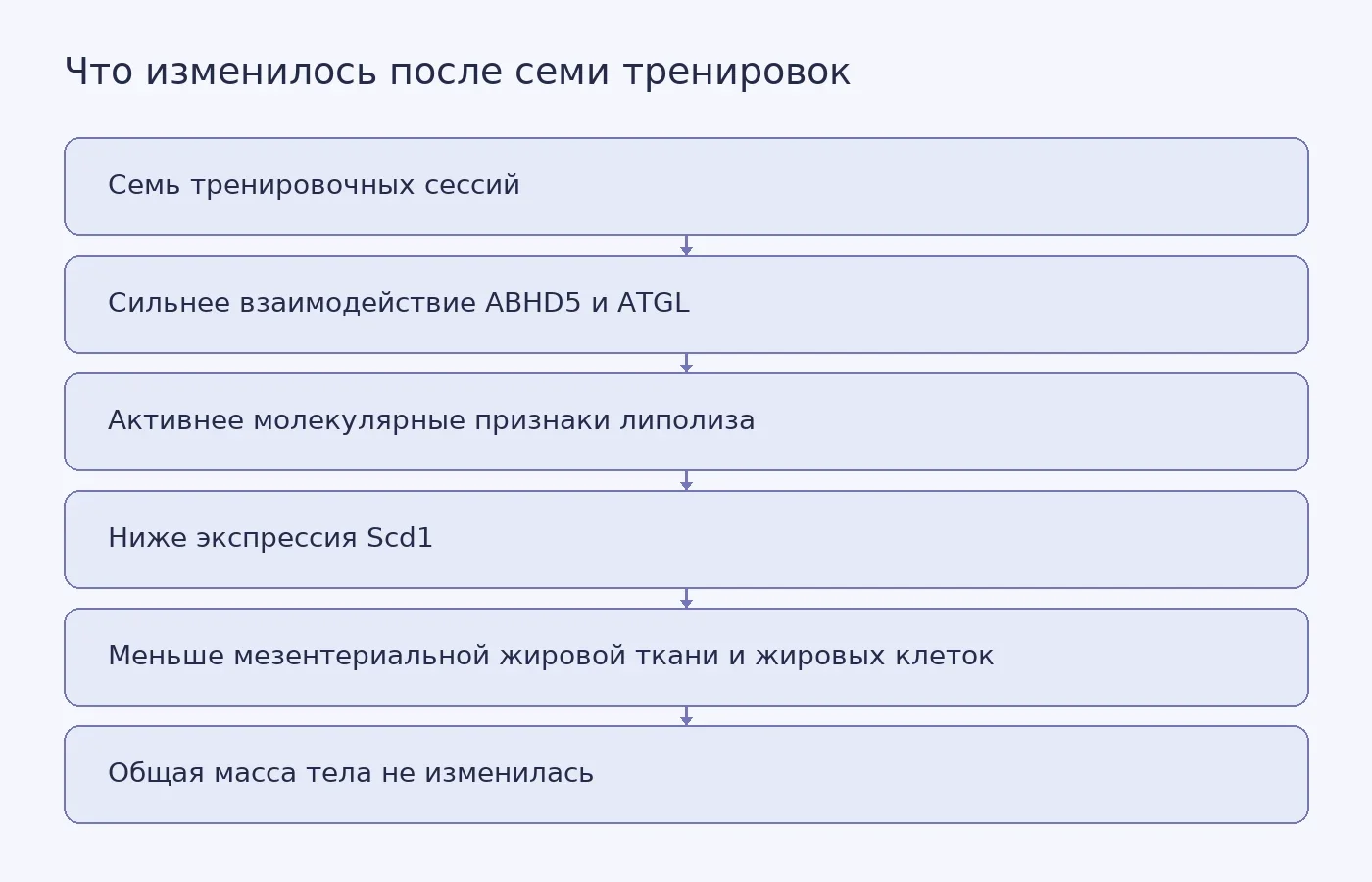 Концептуальная схема показывает ранние молекулярные изменения и уменьшение мезентериальной жировой ткани у тренировавшихся самцов мышей с ожирением по сравнению с малоподвижными животными.