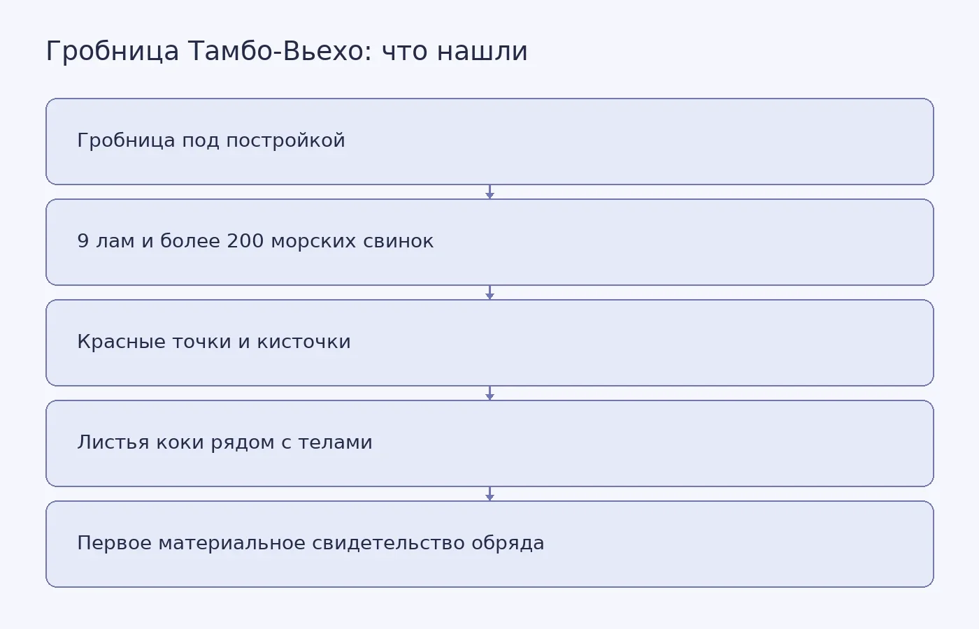 Схема показывает состав жертвенной гробницы в Тамбо-Вьехо и место листьев коки среди находок