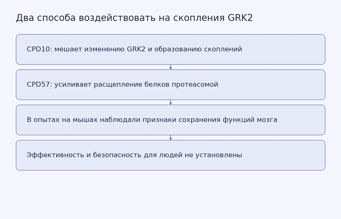 Схема показывает предполагаемые механизмы CPD10 и CPD57 и отделяет результаты на мышах от ещё не проверенного применения у людей.