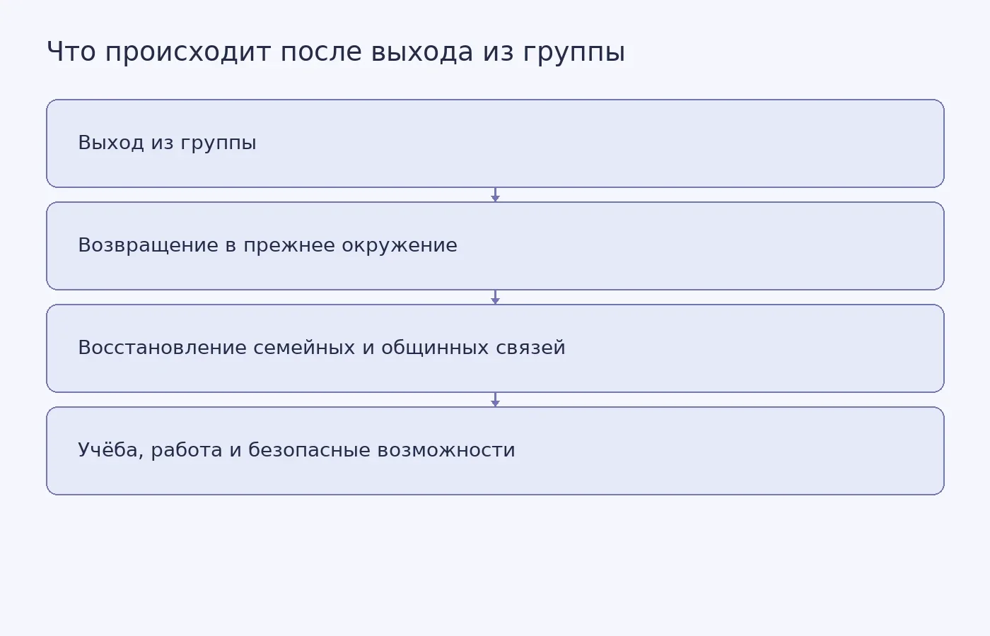 Концептуальная схема показывает, что выход из группы не устраняет прежние условия жизни; восстановление отношений и доступ к возможностям могут поддерживать реинтеграцию, но схема не отражает доказанный эффект конкретной программы.