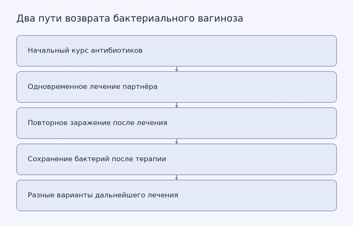 Схема показывает два возможных пути возврата бактериального вагиноза после начального курса антибиотиков: повторное заражение и сохранение бактерий, переживших терапию.