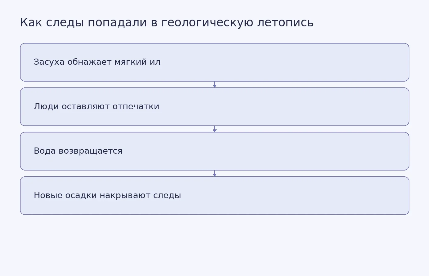 Концептуальная схема показывает, как чередование обнажения ила, присутствия людей, увлажнения и накопления осадка могло приводить к сохранению следов; без подходящих условий отпечатки исчезали.