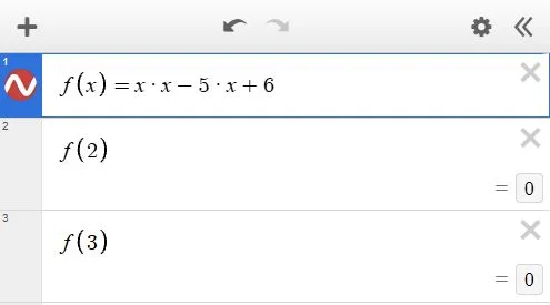Настоящий фрагмент Desmos: f(x)=x*x-5*x+6, f(2)=0 и f(3)=0