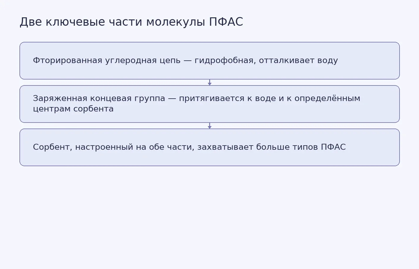 Схема молекулы ПФАС с выделенными фторированной цепью и заряженной концевой группой; показано, как сорбент взаимодействует с каждой частью