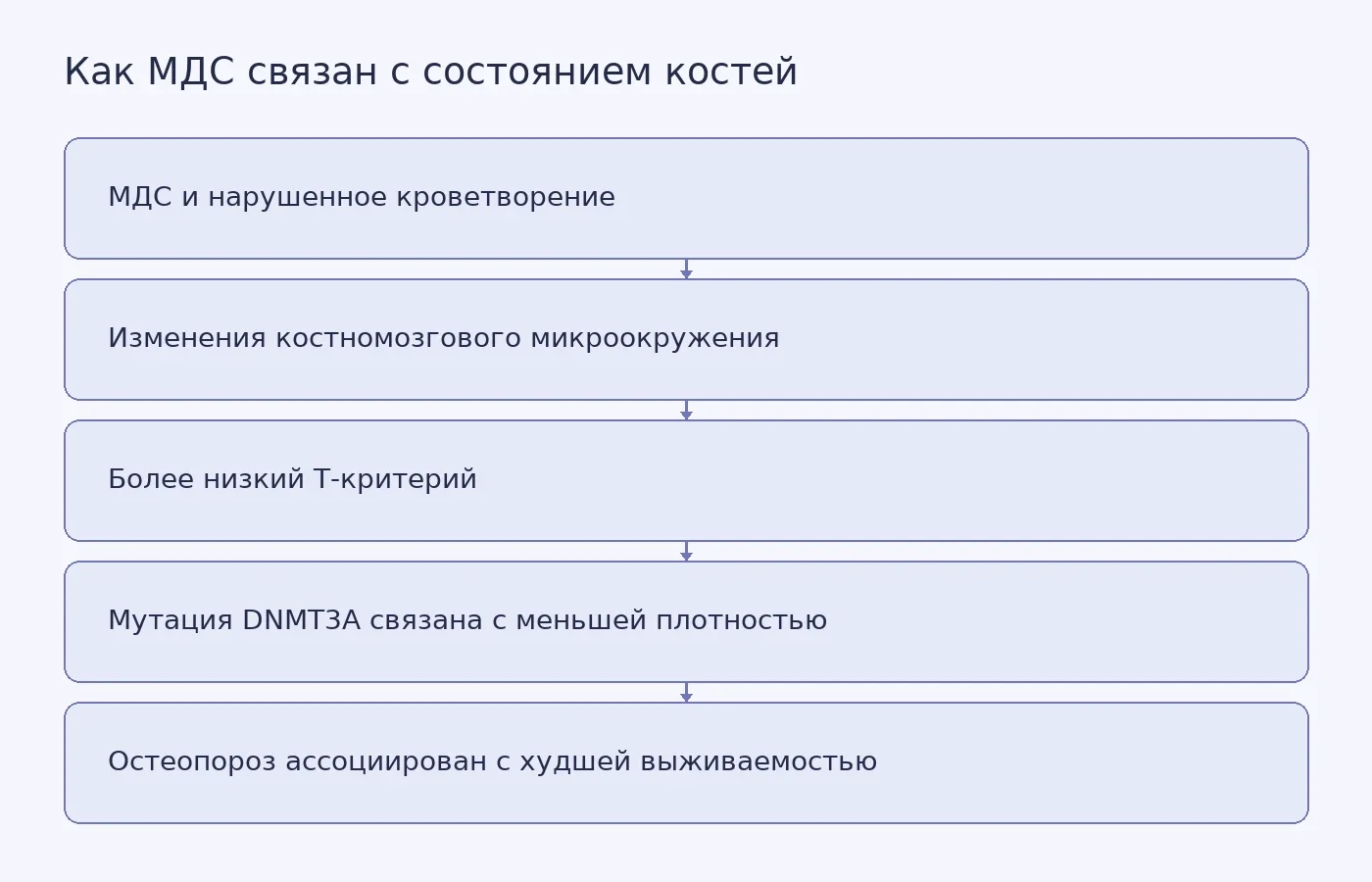 Схема показывает наблюдаемую связь между миелодиспластическим синдромом, изменениями костного микроокружения, снижением T-критерия, мутацией DNMT3A и выживаемостью