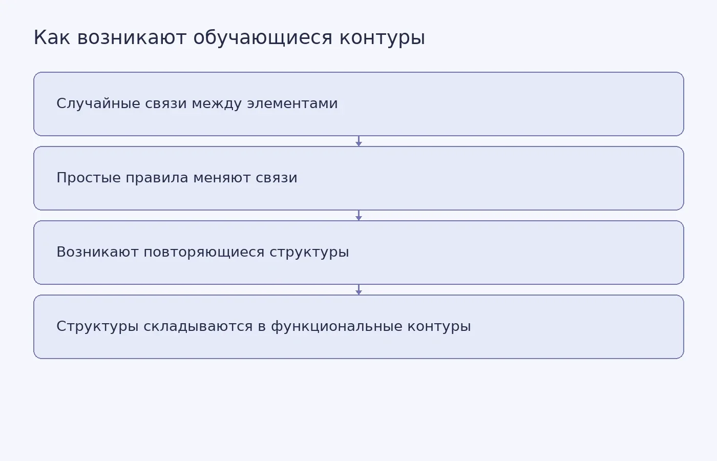 Схема показывает описанный MIT принцип самоорганизации искусственной нейросети от случайных связей к контурам обработки информации.