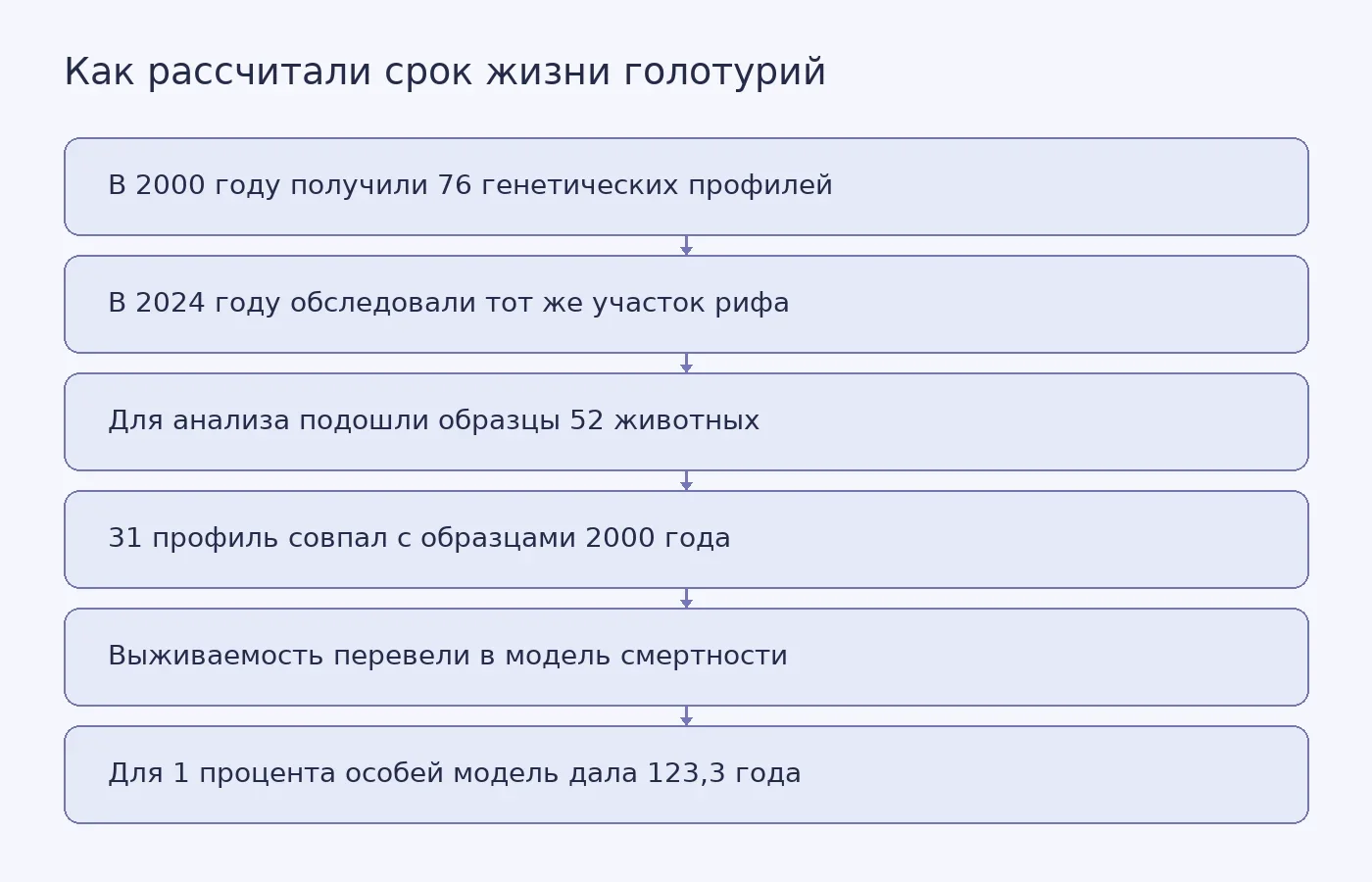 Схема объясняет, как сравнение ДНК чёрных голотурий через 24 года использовали для модельной оценки продолжительности жизни