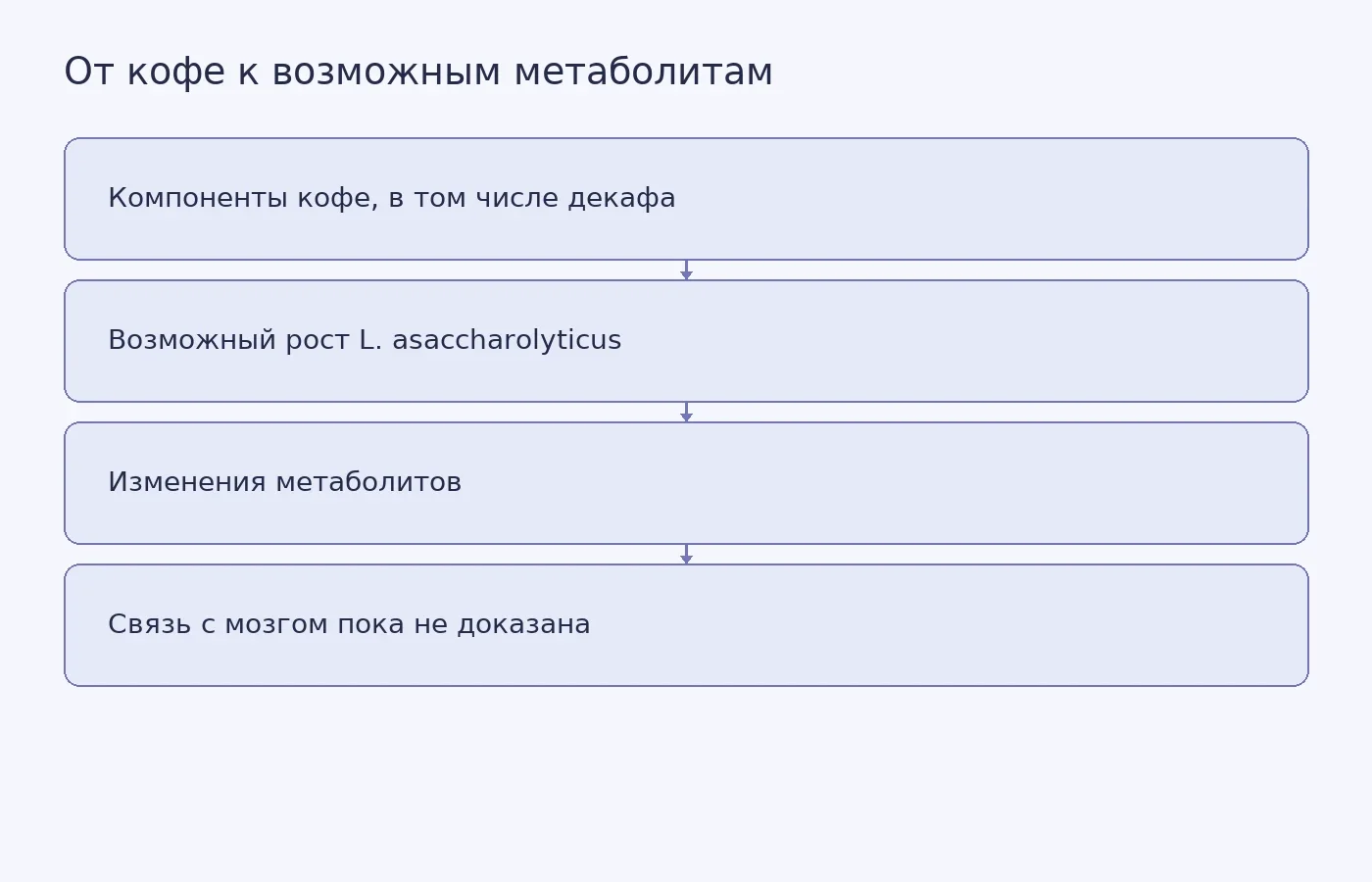 Схема показывает предполагаемую цепочку от компонентов кофе через кишечную бактерию к метаболитам и подчёркивает, что влияние этой цепочки на мозг остаётся гипотезой.