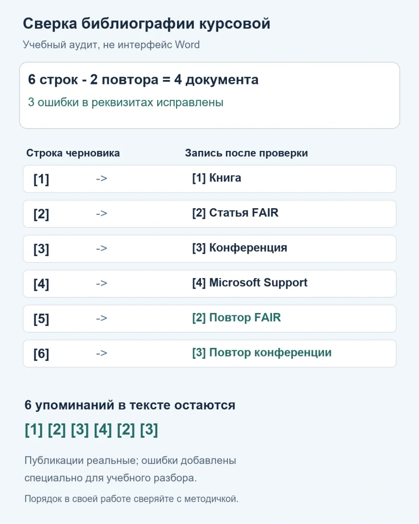 Учебный аудит библиографии: 6 строк, 2 повтора, 4 документа, 3 исправленных реквизита; шесть отсылок сохраняются
