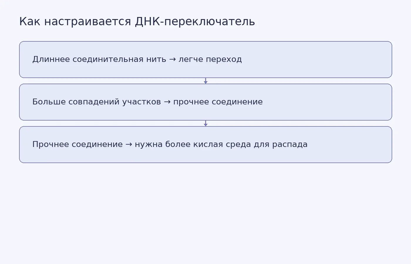 Схема показывает, как длина соединительной нити и число совпадающих участков влияют на устойчивость ДНК-комплекса и кислотность переключения.