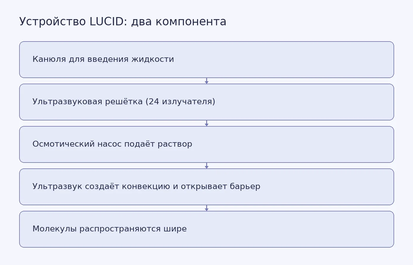 Схема импланта LUCID: канюля встроена в ультразвуковую решётку, насос подаёт жидкость, ультразвук расширяет зону распространения молекул в ткани.