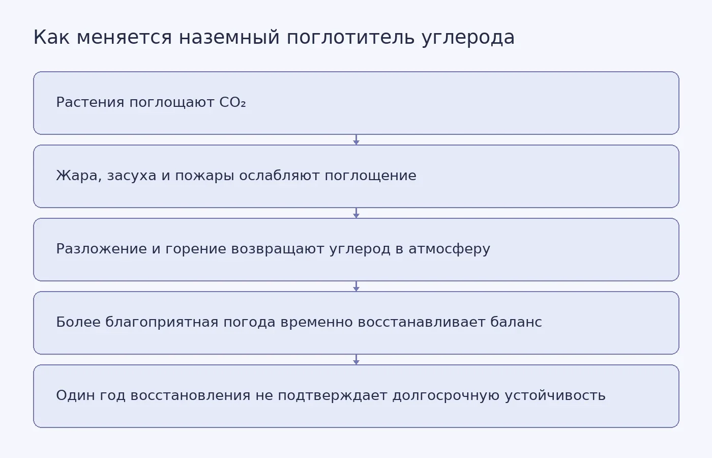 Схема показывает, как рост растений, пожары, засуха и разложение меняют баланс между поглощением и выделением углерода на суше