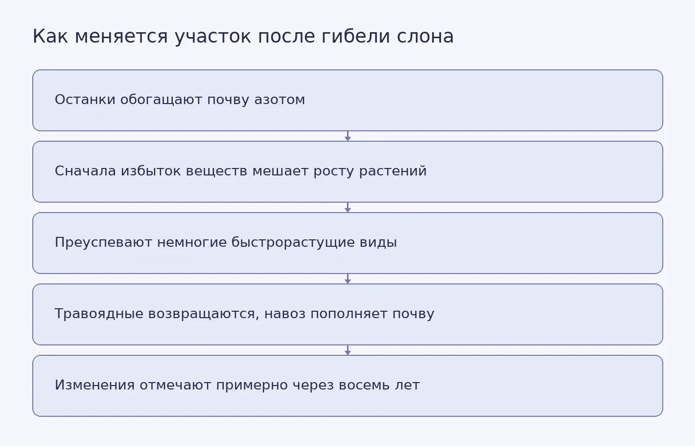 Схема предполагаемой цепочки изменений почвы, растительности и выпаса вокруг туши слона; наблюдавшийся срок составляет примерно восемь лет.