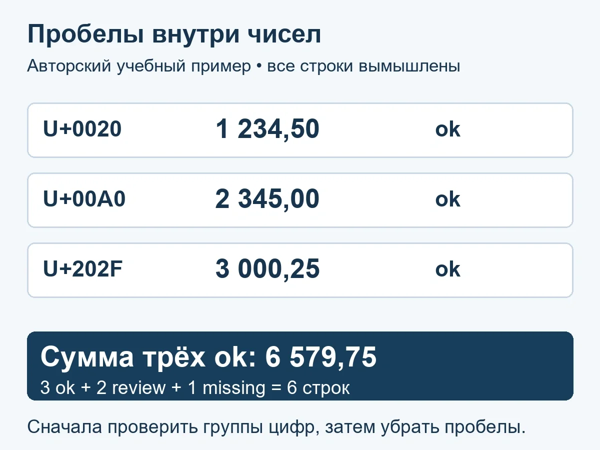 Неразрывные пробелы в числах: как проверить «1 234,50» перед расчётом